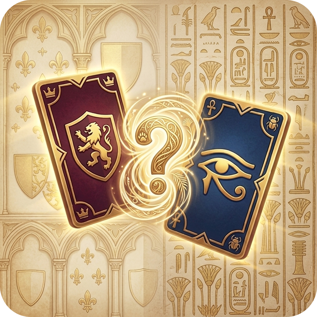 History mystery quiz card game — clue cards arranged around a mystery artifact